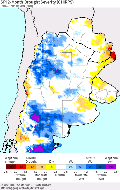 Southern South America SPI 2-Month Drought Severity (CHIRPS) Thematic Map For 3/1/2021 - 4/30/2021