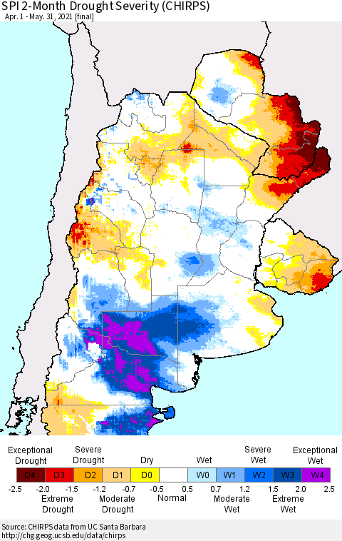 Southern South America SPI 2-Month Drought Severity (CHIRPS) Thematic Map For 4/1/2021 - 5/31/2021