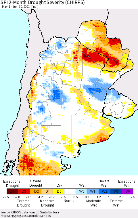 Southern South America SPI 2-Month Drought Severity (CHIRPS) Thematic Map For 5/1/2021 - 6/30/2021