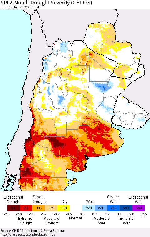 Southern South America SPI 2-Month Drought Severity (CHIRPS) Thematic Map For 6/1/2021 - 7/31/2021