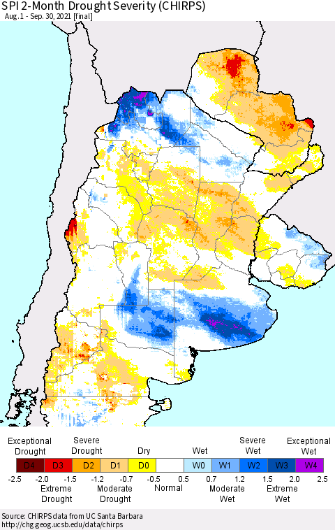 Southern South America SPI 2-Month Drought Severity (CHIRPS) Thematic Map For 8/1/2021 - 9/30/2021