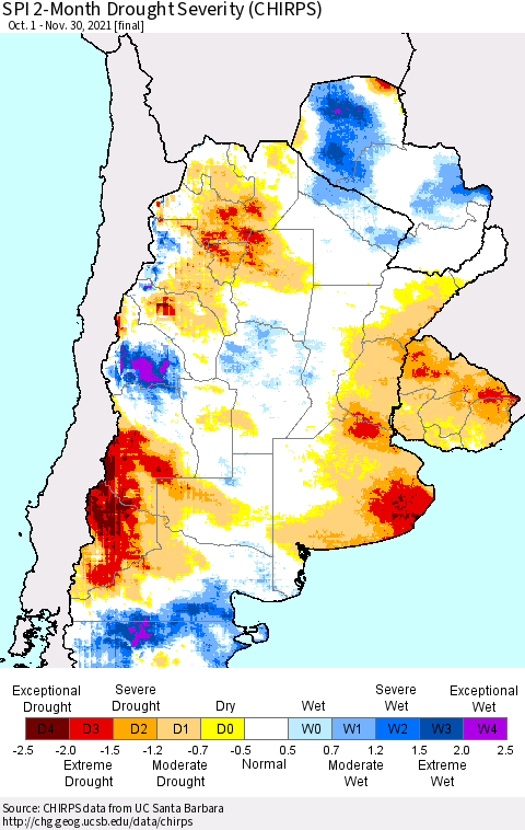 Southern South America SPI 2-Month Drought Severity (CHIRPS) Thematic Map For 10/1/2021 - 11/30/2021