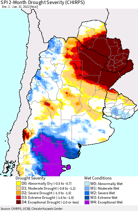 Southern South America SPI 2-Month Drought Severity (CHIRPS) Thematic Map For 12/1/2021 - 1/31/2022