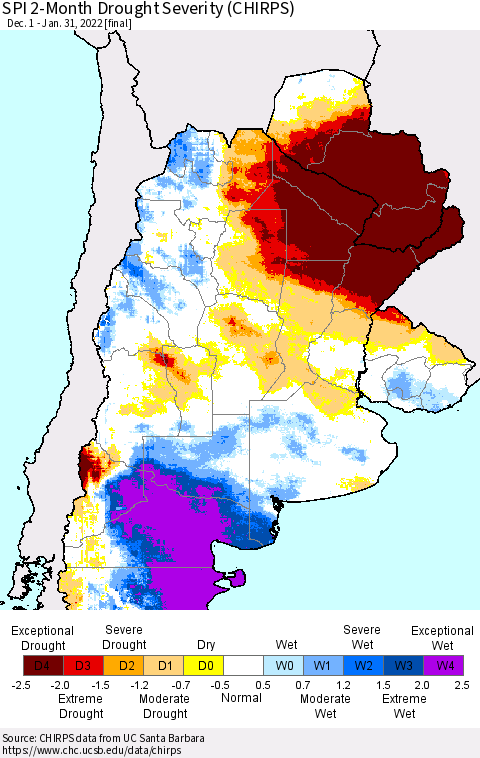 Southern South America SPI 2-Month Drought Severity (CHIRPS) Thematic Map For 12/1/2021 - 1/31/2022