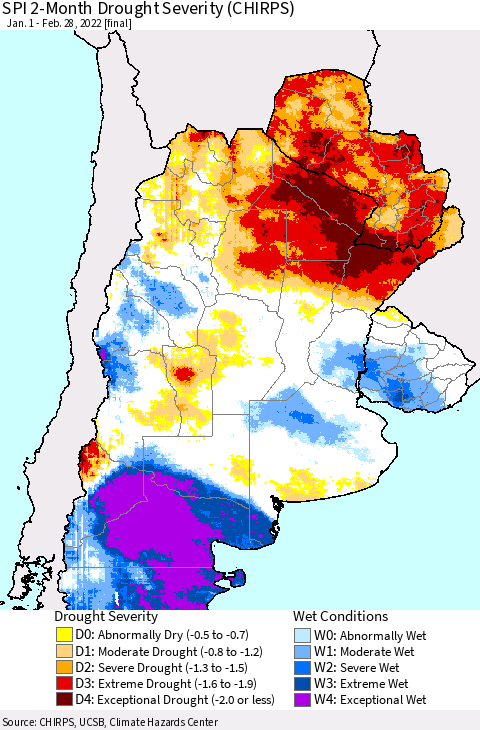 Southern South America SPI 2-Month Drought Severity (CHIRPS) Thematic Map For 1/1/2022 - 2/28/2022