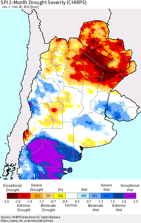 Southern South America SPI 2-Month Drought Severity (CHIRPS) Thematic Map For 1/1/2022 - 2/28/2022
