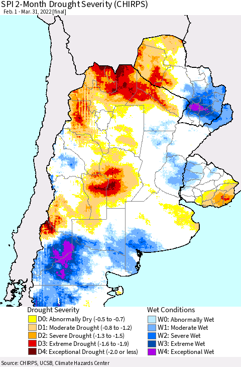 Southern South America SPI 2-Month Drought Severity (CHIRPS) Thematic Map For 2/1/2022 - 3/31/2022
