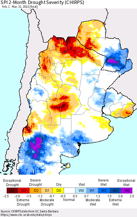 Southern South America SPI 2-Month Drought Severity (CHIRPS) Thematic Map For 2/1/2022 - 3/31/2022