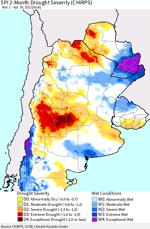 Southern South America SPI 2-Month Drought Severity (CHIRPS) Thematic Map For 3/1/2022 - 4/30/2022