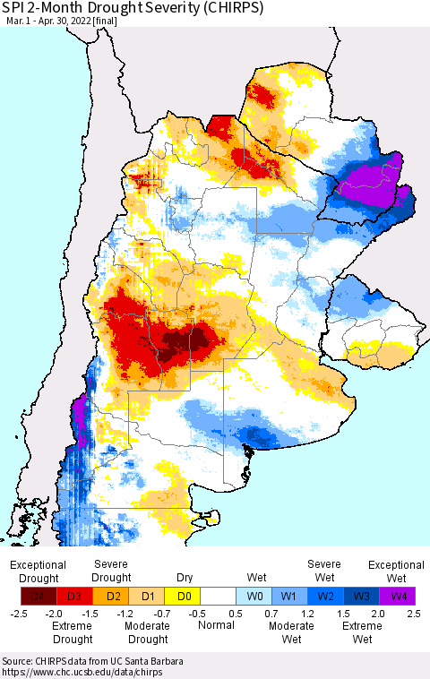 Southern South America SPI 2-Month Drought Severity (CHIRPS) Thematic Map For 3/1/2022 - 4/30/2022