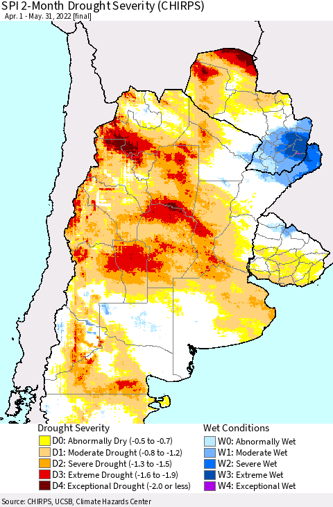 Southern South America SPI 2-Month Drought Severity (CHIRPS) Thematic Map For 4/1/2022 - 5/31/2022
