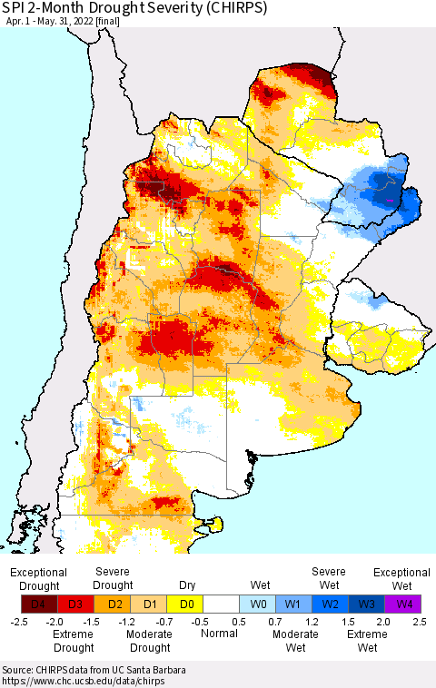 Southern South America SPI 2-Month Drought Severity (CHIRPS) Thematic Map For 4/1/2022 - 5/31/2022