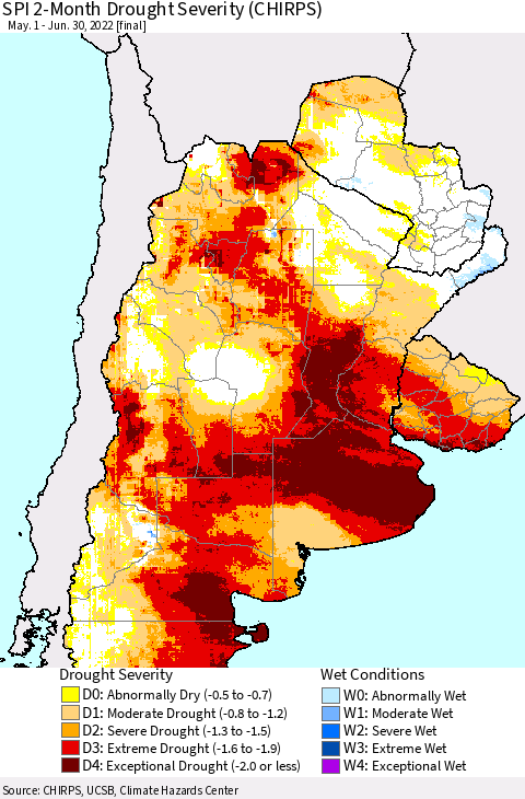 Southern South America SPI 2-Month Drought Severity (CHIRPS) Thematic Map For 5/1/2022 - 6/30/2022