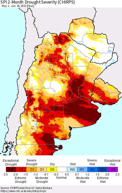 Southern South America SPI 2-Month Drought Severity (CHIRPS) Thematic Map For 5/1/2022 - 6/30/2022
