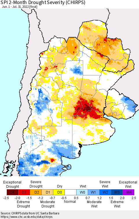 Southern South America SPI 2-Month Drought Severity (CHIRPS) Thematic Map For 6/1/2022 - 7/31/2022