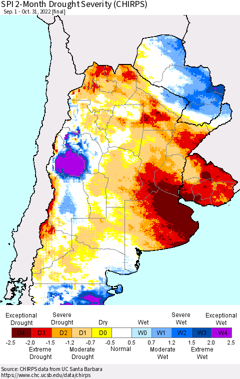 Southern South America SPI 2-Month Drought Severity (CHIRPS) Thematic Map For 9/1/2022 - 10/31/2022