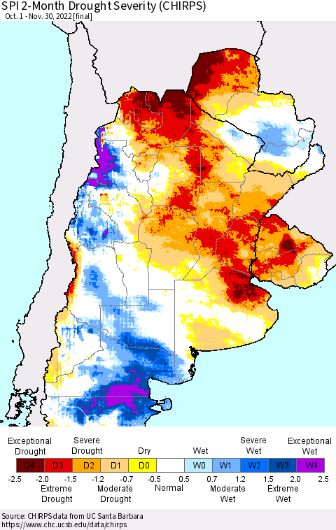 Southern South America SPI 2-Month Drought Severity (CHIRPS) Thematic Map For 10/1/2022 - 11/30/2022