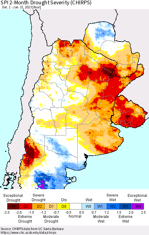 Southern South America SPI 2-Month Drought Severity (CHIRPS) Thematic Map For 12/1/2022 - 1/31/2023
