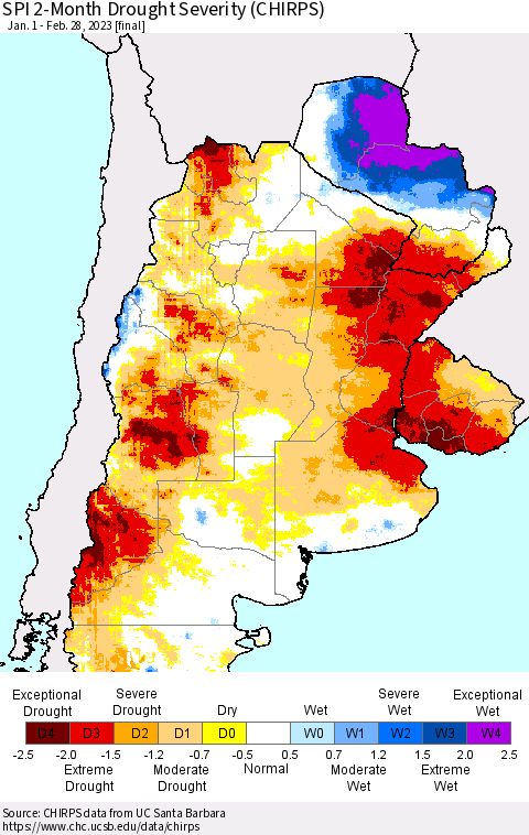 Southern South America SPI 2-Month Drought Severity (CHIRPS) Thematic Map For 1/1/2023 - 2/28/2023