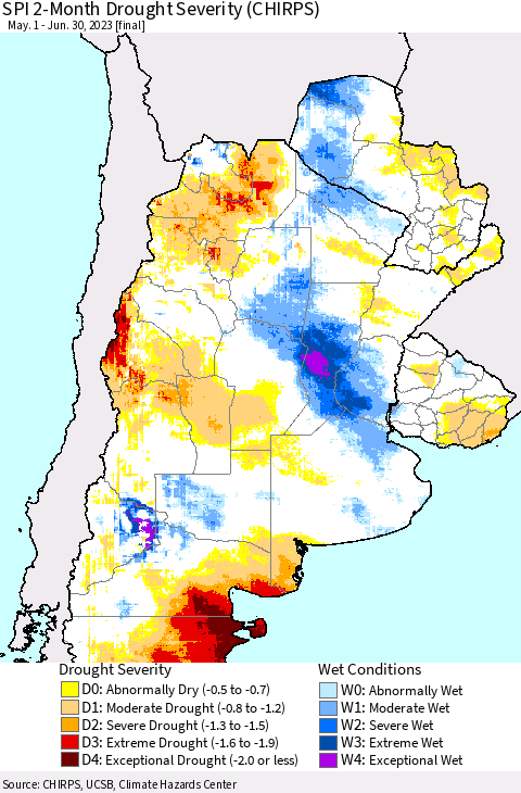 Southern South America SPI 2-Month Drought Severity (CHIRPS) Thematic Map For 5/1/2023 - 6/30/2023