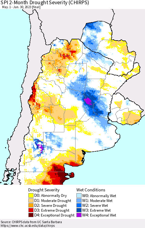 Southern South America SPI 2-Month Drought Severity (CHIRPS) Thematic Map For 5/1/2023 - 6/30/2023