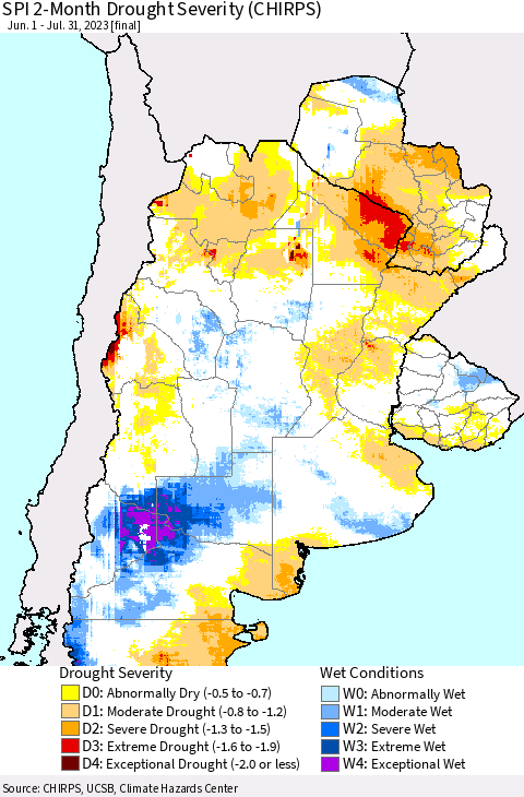 Southern South America SPI 2-Month Drought Severity (CHIRPS) Thematic Map For 6/1/2023 - 7/31/2023