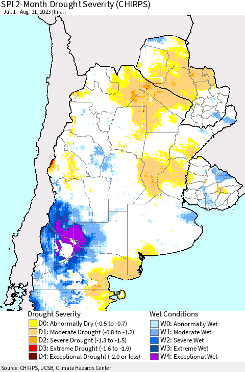 Southern South America SPI 2-Month Drought Severity (CHIRPS) Thematic Map For 7/1/2023 - 8/31/2023