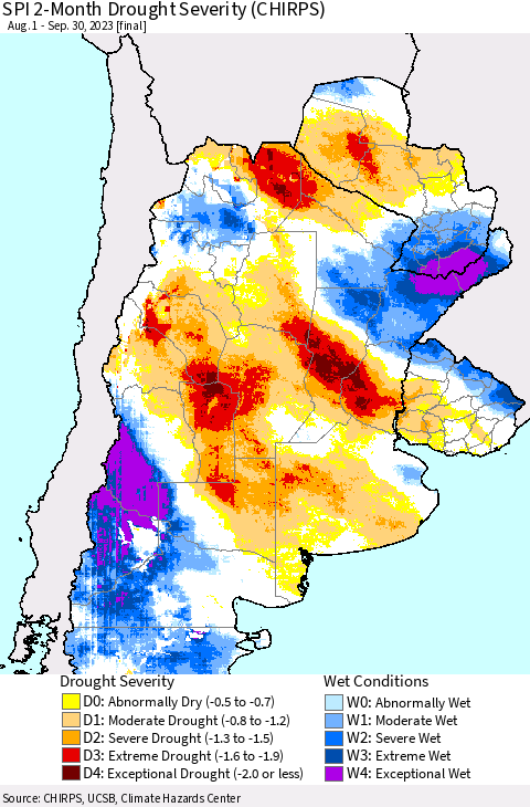 Southern South America SPI 2-Month Drought Severity (CHIRPS) Thematic Map For 8/1/2023 - 9/30/2023