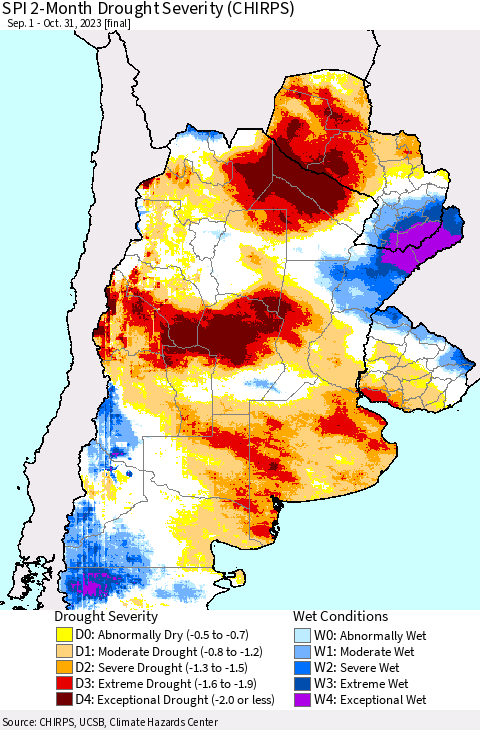Southern South America SPI 2-Month Drought Severity (CHIRPS) Thematic Map For 9/1/2023 - 10/31/2023