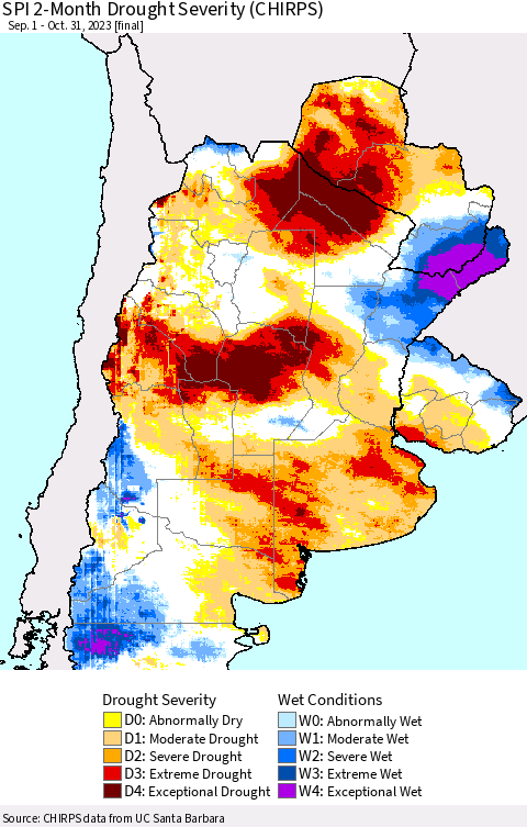 Southern South America SPI 2-Month Drought Severity (CHIRPS) Thematic Map For 9/1/2023 - 10/31/2023