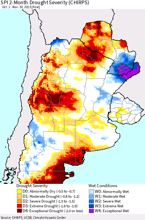Southern South America SPI 2-Month Drought Severity (CHIRPS) Thematic Map For 10/1/2023 - 11/30/2023