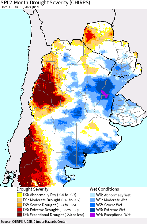 Southern South America SPI 2-Month Drought Severity (CHIRPS) Thematic Map For 12/1/2023 - 1/31/2024