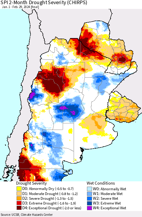 Southern South America SPI 2-Month Drought Severity (CHIRPS) Thematic Map For 1/1/2024 - 2/29/2024
