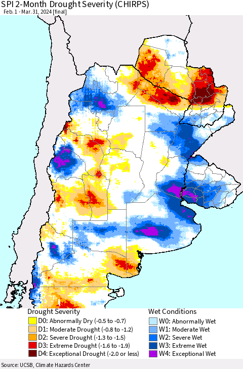 Southern South America SPI 2-Month Drought Severity (CHIRPS) Thematic Map For 2/1/2024 - 3/31/2024