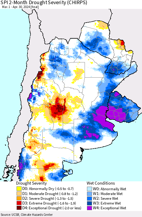 Southern South America SPI 2-Month Drought Severity (CHIRPS) Thematic Map For 3/1/2024 - 4/30/2024