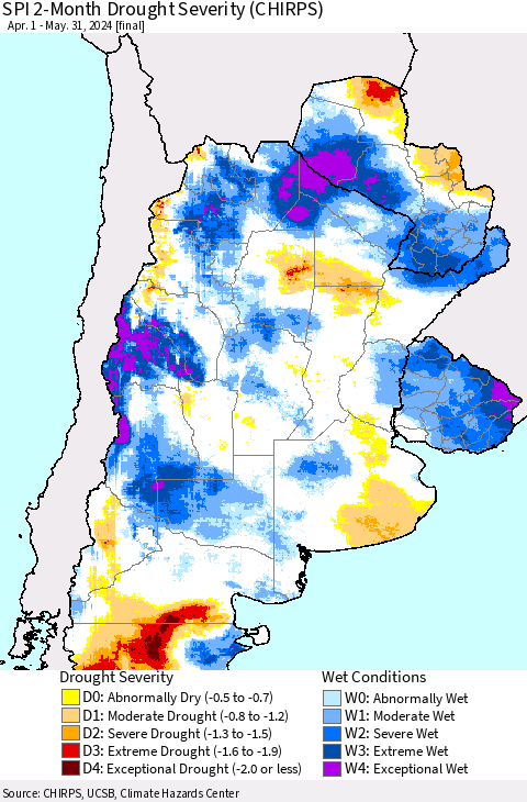 Southern South America SPI 2-Month Drought Severity (CHIRPS) Thematic Map For 4/1/2024 - 5/31/2024
