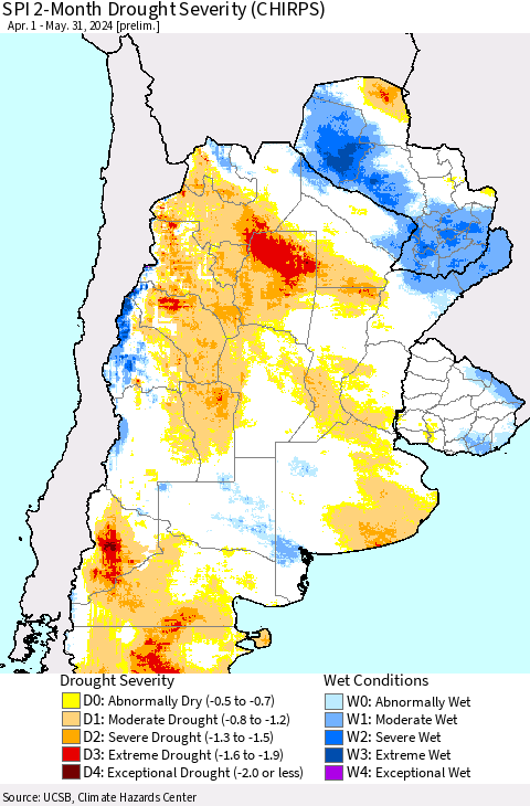 Southern South America SPI 2-Month Drought Severity (CHIRPS) Thematic Map For 4/1/2024 - 5/31/2024