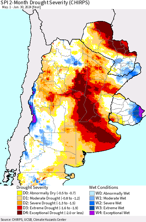 Southern South America SPI 2-Month Drought Severity (CHIRPS) Thematic Map For 5/1/2024 - 6/30/2024