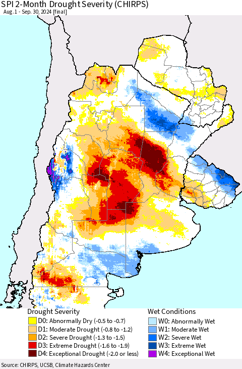 Southern South America SPI 2-Month Drought Severity (CHIRPS) Thematic Map For 8/1/2024 - 9/30/2024