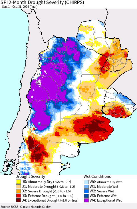 Southern South America SPI 2-Month Drought Severity (CHIRPS) Thematic Map For 9/1/2024 - 10/31/2024