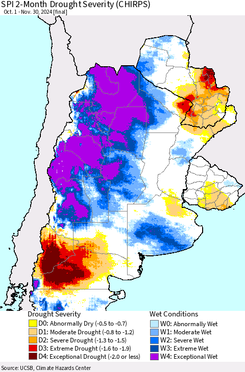 Southern South America SPI 2-Month Drought Severity (CHIRPS) Thematic Map For 10/1/2024 - 11/30/2024
