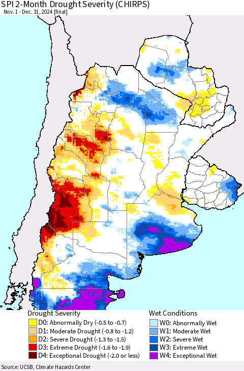 Southern South America SPI 2-Month Drought Severity (CHIRPS) Thematic Map For 11/1/2024 - 12/31/2024