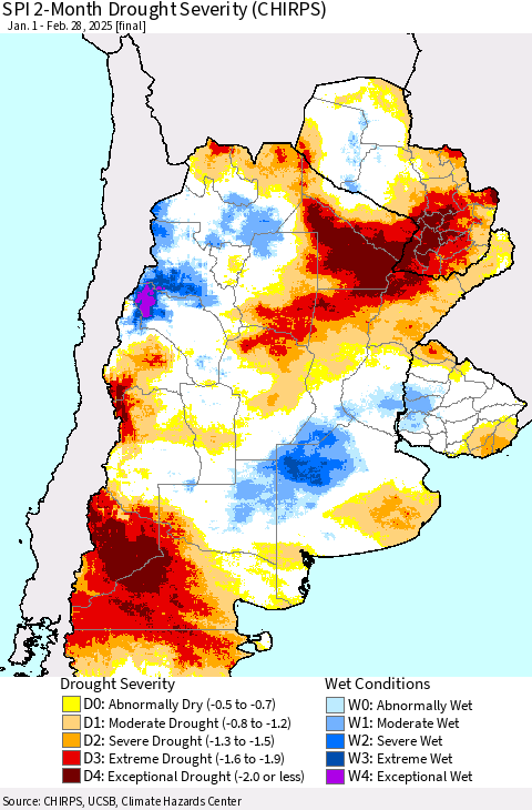 Southern South America SPI 2-Month Drought Severity (CHIRPS) Thematic Map For 1/1/2025 - 2/28/2025