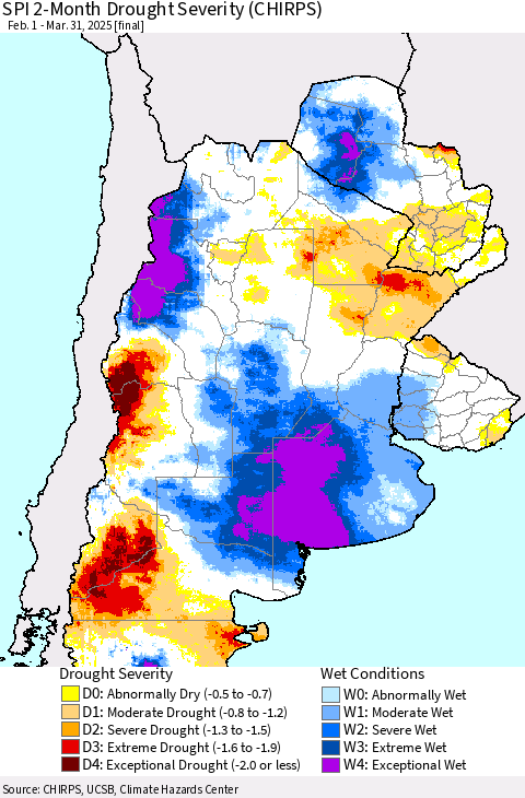 Southern South America SPI 2-Month Drought Severity (CHIRPS) Thematic Map For 2/1/2025 - 3/31/2025