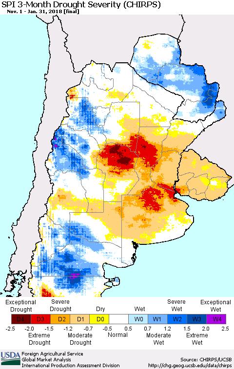 Southern South America SPI 3-Month Drought Severity (CHIRPS) Thematic Map For 11/1/2017 - 1/31/2018