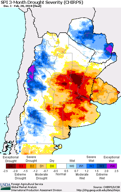 Southern South America SPI 3-Month Drought Severity (CHIRPS) Thematic Map For 12/1/2017 - 2/28/2018