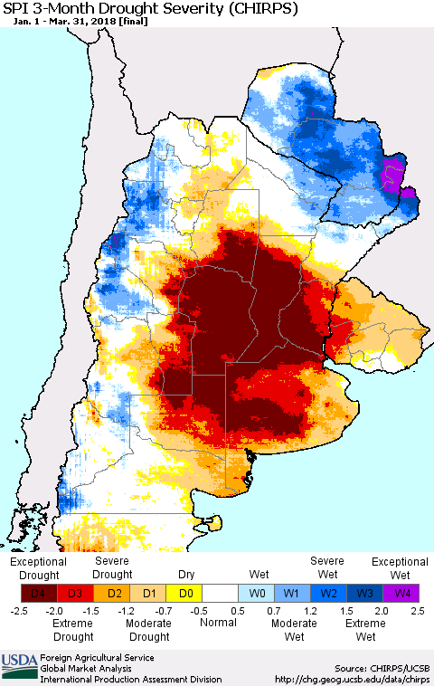 Southern South America SPI 3-Month Drought Severity (CHIRPS) Thematic Map For 1/1/2018 - 3/31/2018