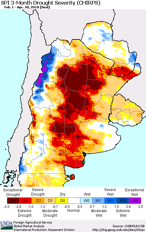 Southern South America SPI 3-Month Drought Severity (CHIRPS) Thematic Map For 2/1/2018 - 4/30/2018