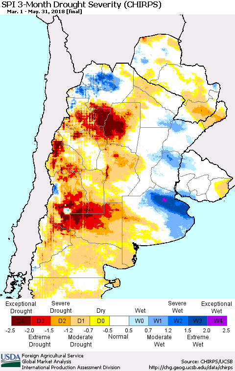 Southern South America SPI 3-Month Drought Severity (CHIRPS) Thematic Map For 3/1/2018 - 5/31/2018
