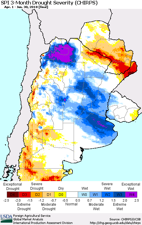 Southern South America SPI 3-Month Drought Severity (CHIRPS) Thematic Map For 4/1/2018 - 6/30/2018